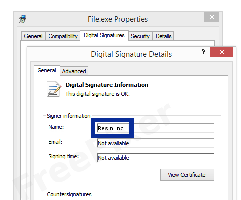 Screenshot of the Resin Inc. certificate